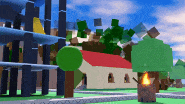 a computer generated image of a house with a red roof surrounded by trees