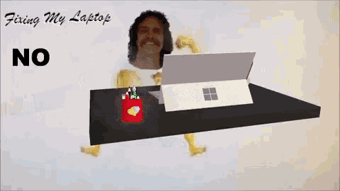 a man flexes his muscles in front of a laptop with the words fixing my laptop on the bottom right