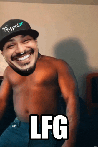 a shirtless man wearing a hat with the word lfg on the bottom