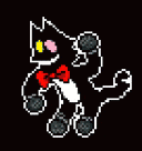 a pixel art of a black and white cat wearing a bow tie and headphones .
