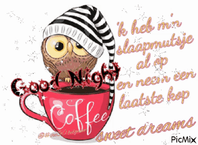 an owl in a hat sits in a red cup of coffee