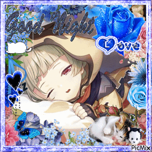 a picture of a girl sleeping with flowers and the words good night love