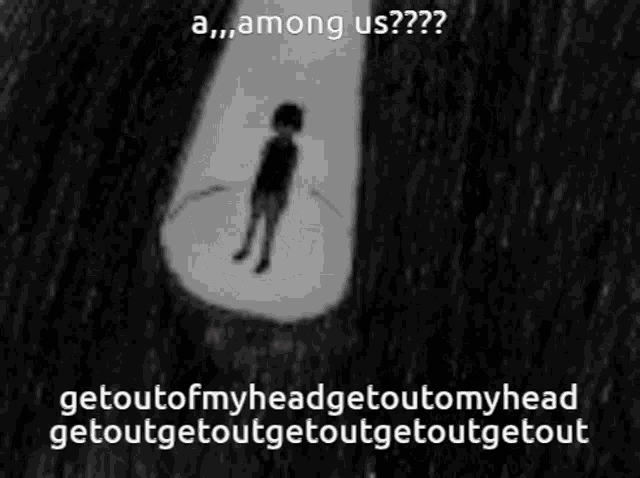a black and white drawing of a boy covering his face with his hands and a caption that says among us