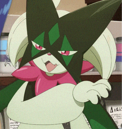 a cartoon character with a green and white face and a pink collar