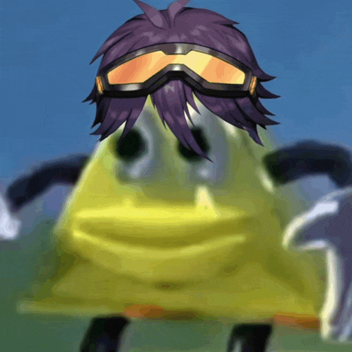 a cartoon character wearing goggles and purple hair