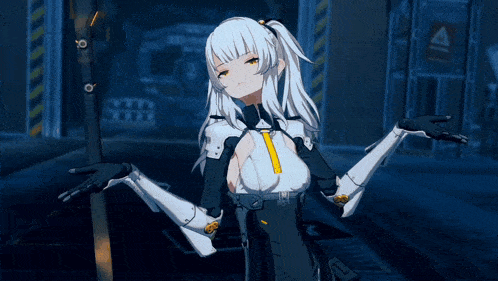 a girl with white hair is holding a sword in a dark room