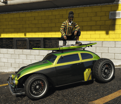 a man sits on top of a car with a surfboard on top