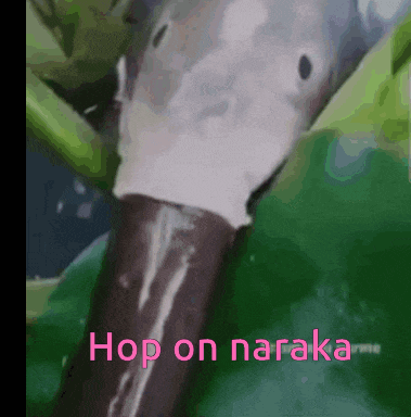 a close up of a duck 's head with the words hop on naraka in pink
