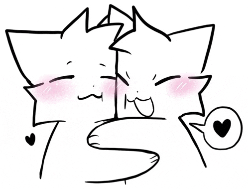 a black and white drawing of two cats kissing with a heart in the middle .