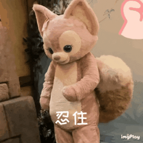 a stuffed animal in a squirrel costume with chinese writing on it