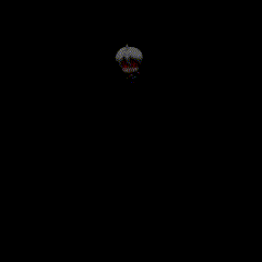 a cartoon character with red eyes is smiling