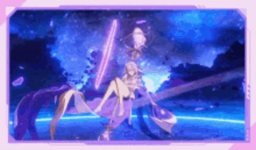 a girl in a purple dress is holding a sword in her hand .