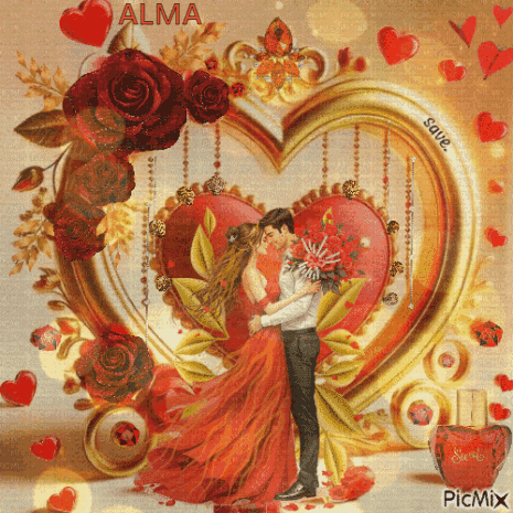 a painting of a man and woman kissing in front of a heart with alma written above them