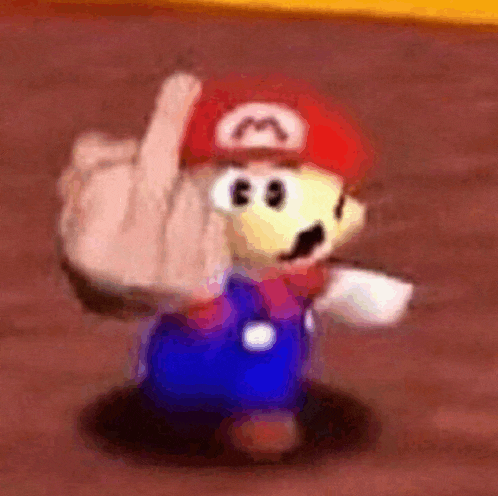 a close up of a mario giving the middle finger .