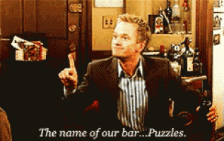 a man in a suit and striped shirt says the name of our bar ... puzzles