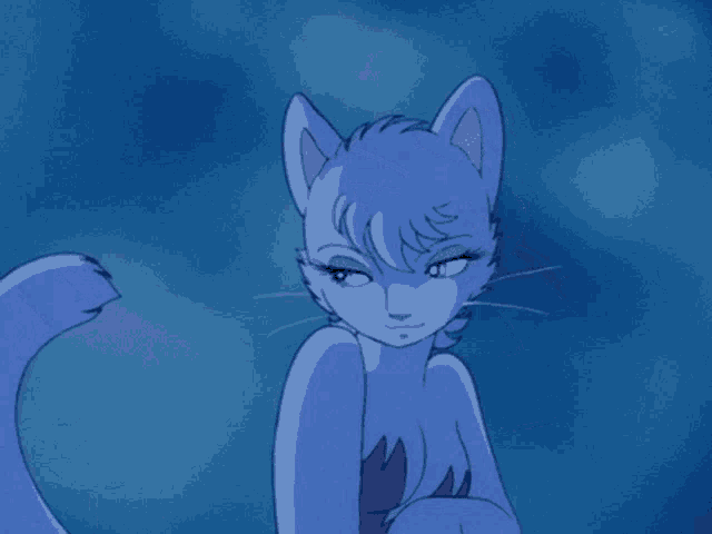 a cartoon drawing of a blue cat with a purple top on