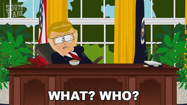 a cartoon of donald trump sitting at a desk with a bowl of cereal and the words " what who " below him