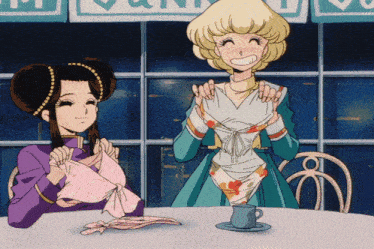 two anime girls are sitting at a table with a cup of coffee in front of a sign that says valentine 's day