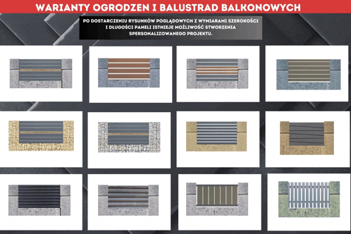 a display of different types of fences with the words warianty ogrodzenin i balustrad balkonowych at the top