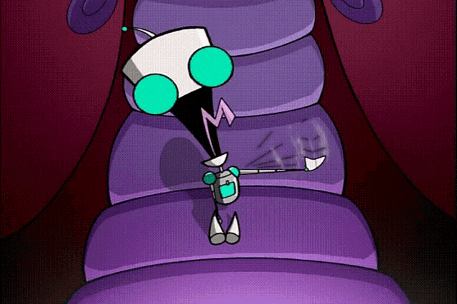 a cartoon character with the letter m on his head is standing on a purple surface