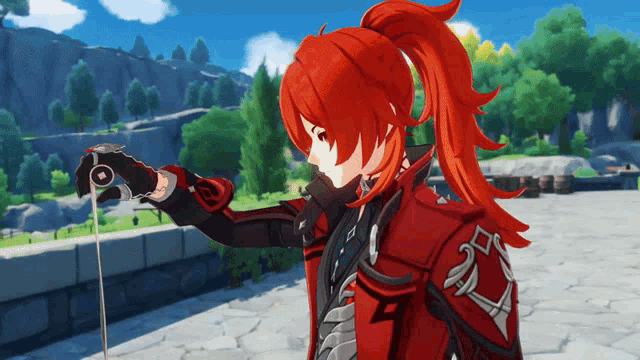 a cartoon character with red hair and a ponytail is holding a sword