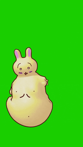 a cartoon rabbit with a big belly is on a green background