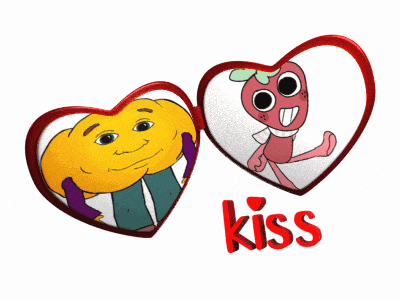 two hearts with cartoon characters and the word kiss