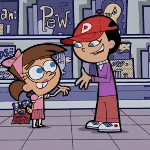 two cartoon characters are standing in front of a sign that says " pew "