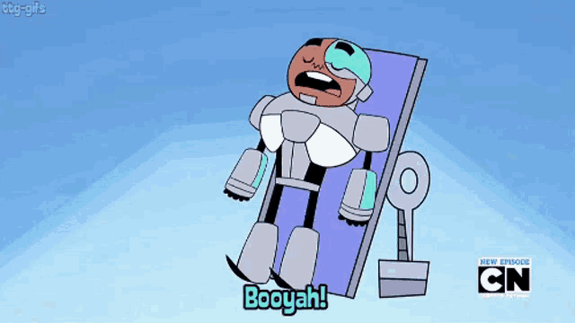 a cartoon character says booyah while laying on a couch