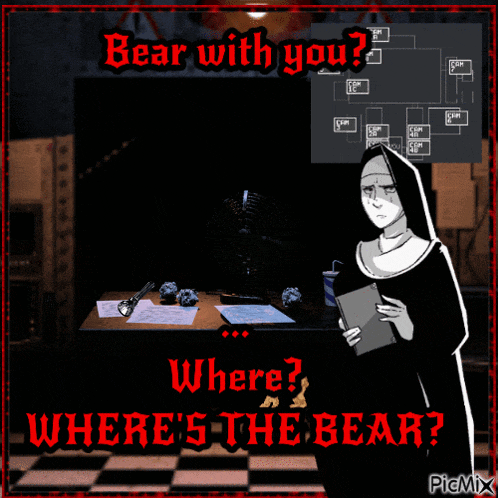 a picture of a nun with the words bear with you where where 's the bear