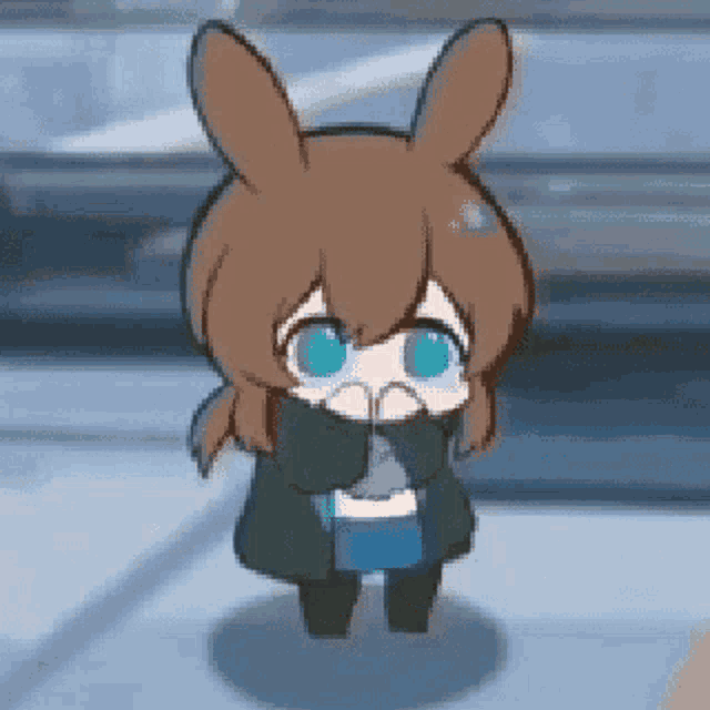 a cartoon girl with bunny ears is standing on a sidewalk .