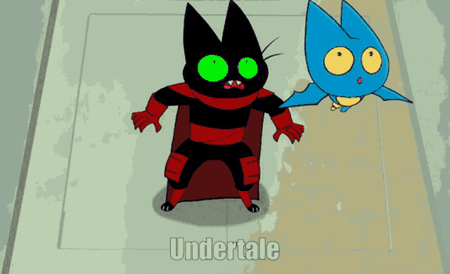 a black cat with green eyes is standing next to a blue cat with yellow eyes and the words undertale written on the bottom