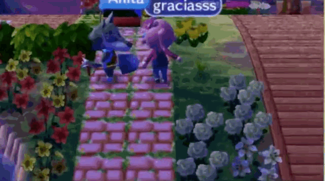 a video game character is walking down a path with flowers and a sign that says graciass .