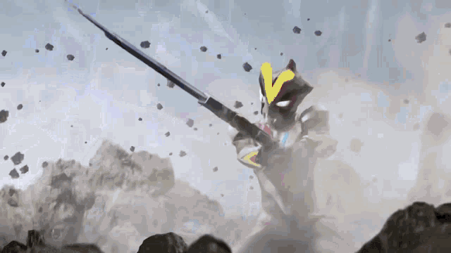 a robot is holding a sword in the air while standing on a rocky hillside .