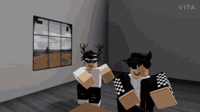 two roblox characters are standing in front of a window with vita written on the bottom