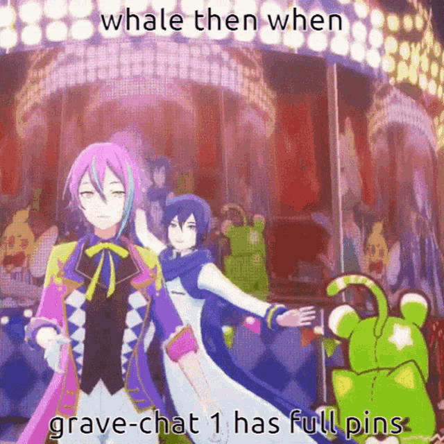 a couple of anime characters standing next to each other in front of a carousel .