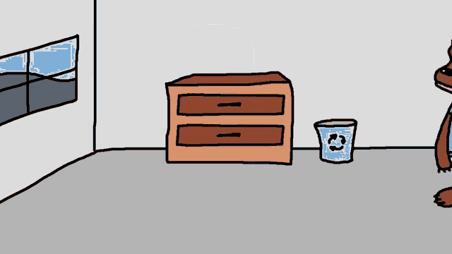 a cartoon bear standing next to a recycling bin