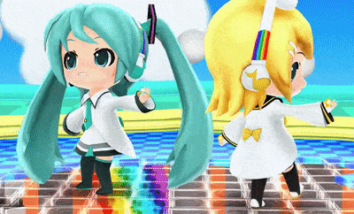 two cartoon characters are dancing on a rainbow colored floor