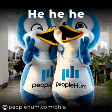 two penguin mascots wearing peoplehum shirts are laughing together
