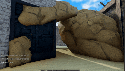 a screenshot of a video game shows a large rock blocking the door