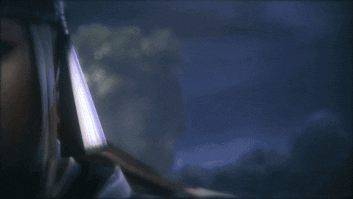 a white fox is looking at a person with a sword