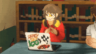 a pixel art of a girl sitting at a table with a laptop that says ready steady go on it