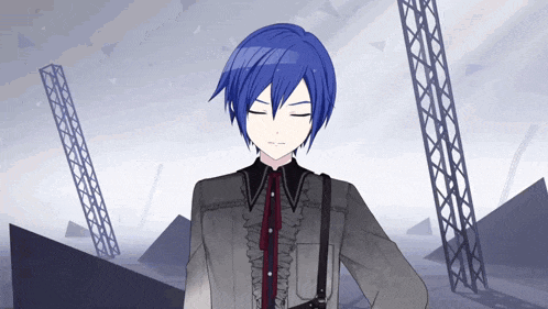 a boy with blue hair is standing with his eyes closed in front of a tower
