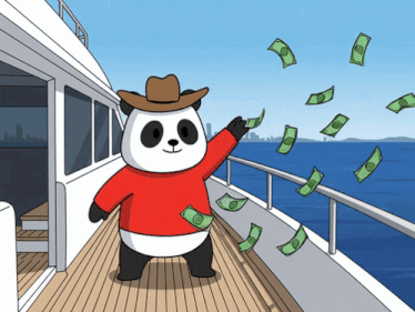 a panda bear wearing a cowboy hat is on a boat
