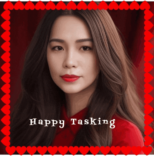 a picture of a woman with the words happy tasking on the bottom