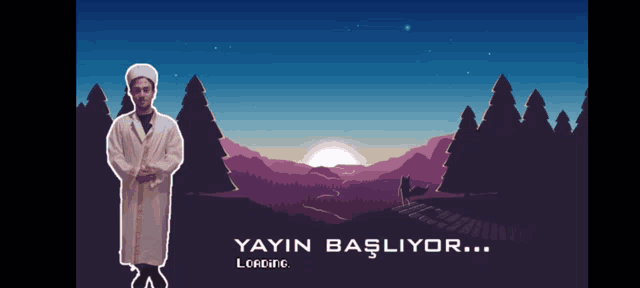 a man in a robe stands in front of a landscape with the words loading below him