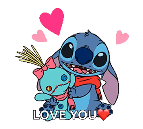a cartoon of stitch holding a stuffed animal with the words " love you " above it
