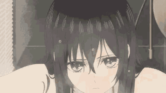 a black and white drawing of a girl with long hair looking at the camera in a bathroom .