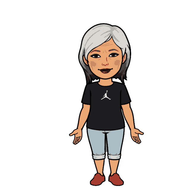 a cartoon of a woman wearing a black t-shirt with a jordan logo on it