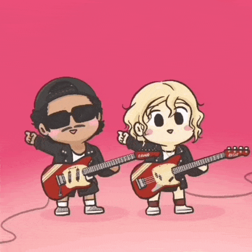 a cartoon of a man and a woman holding guitars
